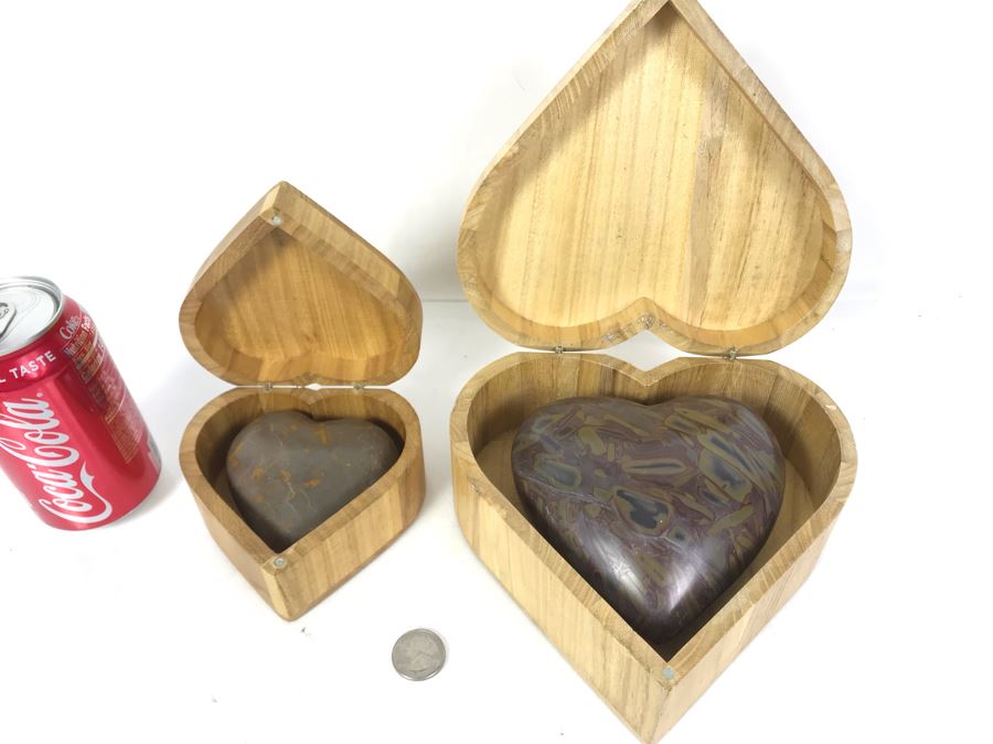 Pair Of Large Carved Stone Hearts In Wooden Heart Shaped Boxes [Photo 2]