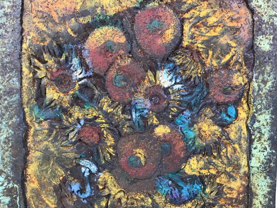 Signed Jeanne Dana Cold Bronze Sculpture Of Van Gogh Vase With Sunflowers Painting 8 X 10.5 [Photo 6]