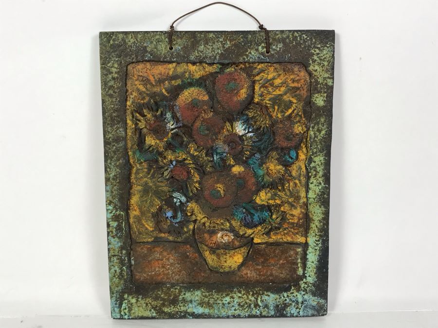 Signed Jeanne Dana Cold Bronze Sculpture Of Van Gogh Vase With Sunflowers Painting 8 X 10.5 [Photo 2]