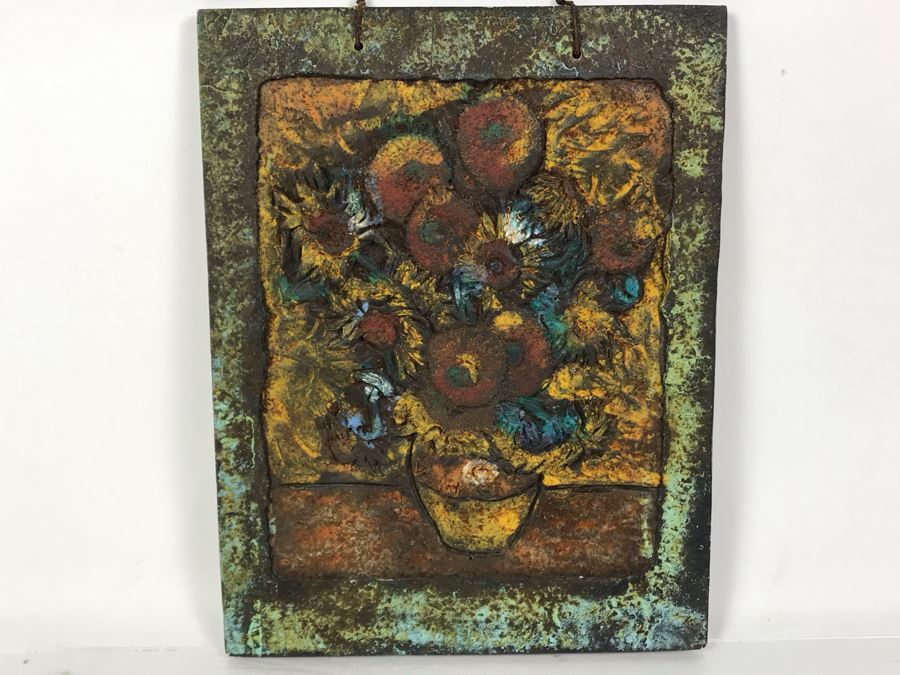 Signed Jeanne Dana Cold Bronze Sculpture Of Van Gogh Vase With Sunflowers Painting 8 X 10.5 [Photo 1]