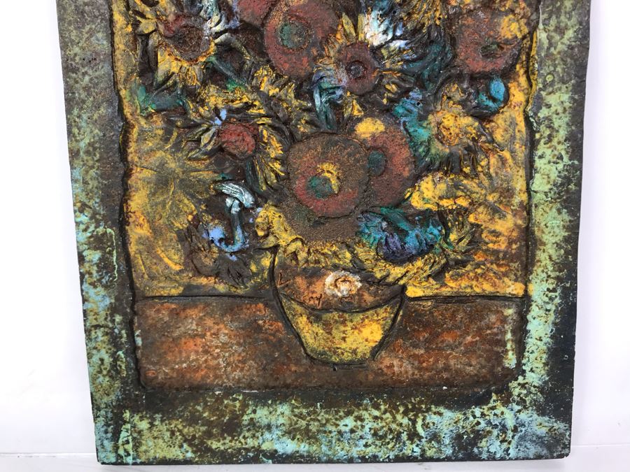 Signed Jeanne Dana Cold Bronze Sculpture Of Van Gogh Vase With Sunflowers Painting 8 X 10.5 [Photo 4]