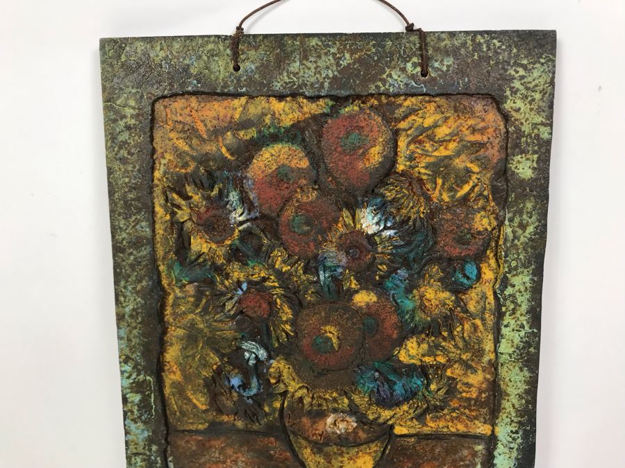 Signed Jeanne Dana Cold Bronze Sculpture Of Van Gogh Vase With Sunflowers Painting 8 X 10.5 [Photo 3]