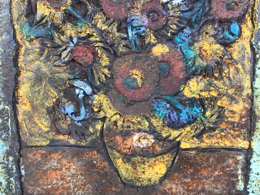Signed Jeanne Dana Cold Bronze Sculpture Of Van Gogh Vase With Sunflowers Painting 8 X 10.5 [Photo 5]