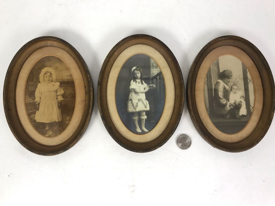 Set Of (3) Vintage Oval Framed B&W Children Photographs Each 5.5 X 7.5