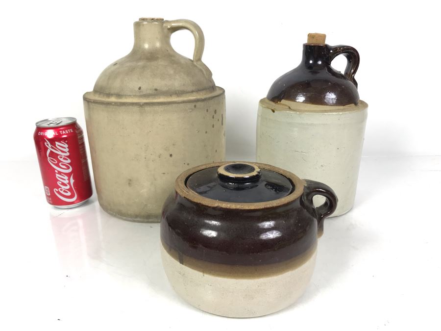 Set Of (2) Stoneware Jugs 10H / 9H And (1) Stoneware Pot With Lid 4H [Photo 1]