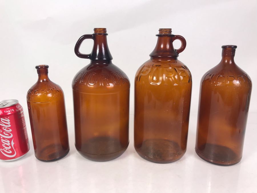 (3) Amber Glass Clorox Bottles And (1) Amber Glass Purex Bottles From 11H To 8H