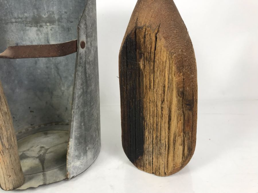 Vintage Galvanized Metal Scoop With Wooden Handle 9.5W X 14H And Pair Of Rustic Wooden Vases 6H And 12H [Photo 9]