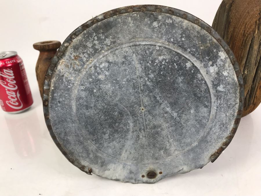 Vintage Galvanized Metal Scoop With Wooden Handle 9.5W X 14H And Pair Of Rustic Wooden Vases 6H And 12H [Photo 6]