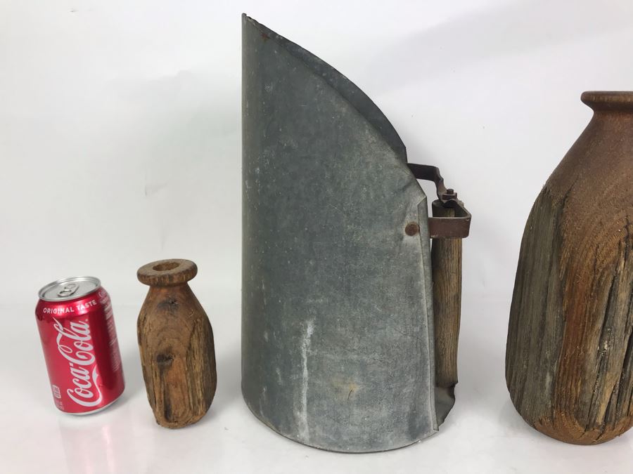 Vintage Galvanized Metal Scoop With Wooden Handle 9.5W X 14H And Pair Of Rustic Wooden Vases 6H And 12H [Photo 4]