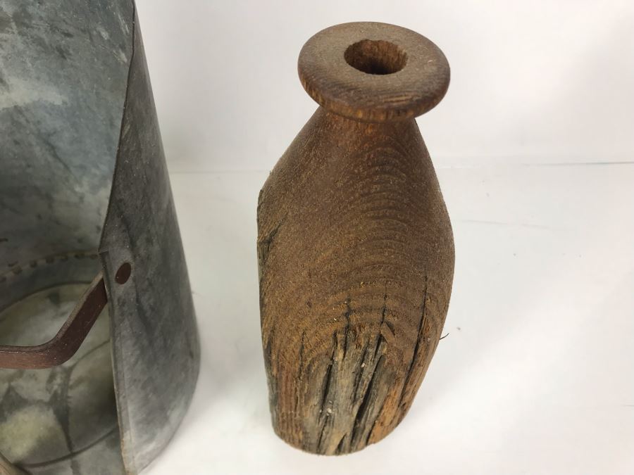 Vintage Galvanized Metal Scoop With Wooden Handle 9.5W X 14H And Pair Of Rustic Wooden Vases 6H And 12H [Photo 7]
