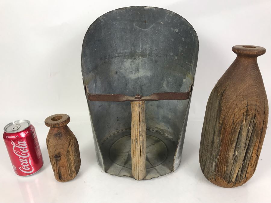 Vintage Galvanized Metal Scoop With Wooden Handle 9.5W X 14H And Pair Of Rustic Wooden Vases 6H And 12H [Photo 2]