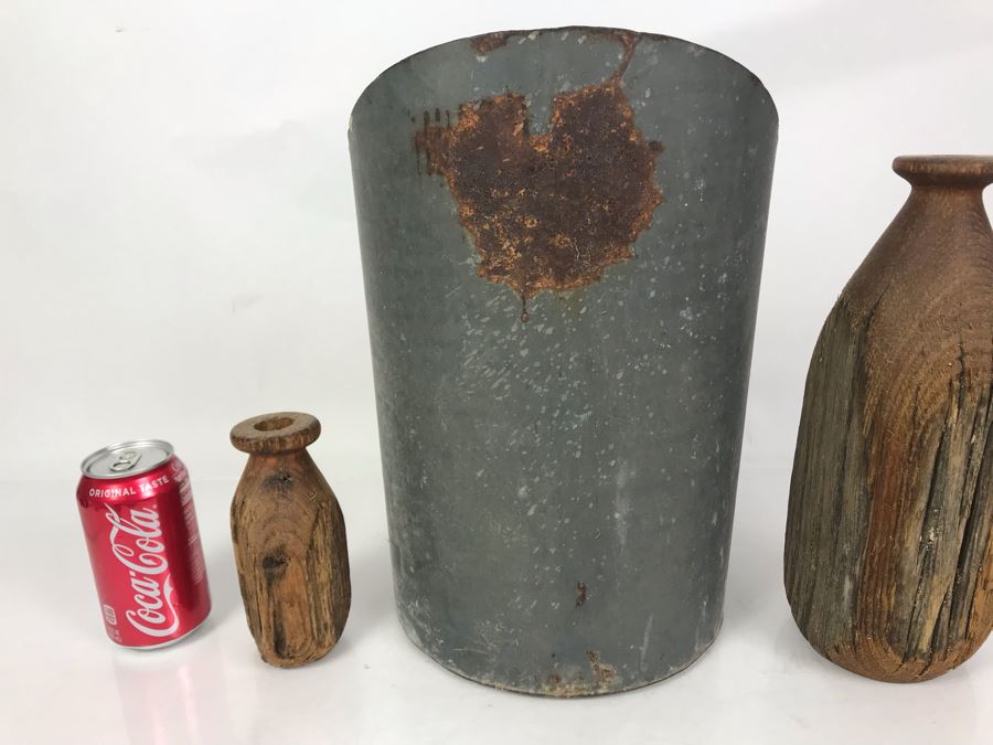 Vintage Galvanized Metal Scoop With Wooden Handle 9.5W X 14H And Pair Of Rustic Wooden Vases 6H And 12H [Photo 5]