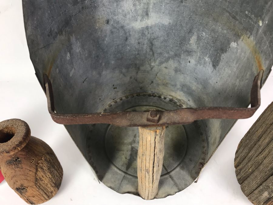 Vintage Galvanized Metal Scoop With Wooden Handle 9.5W X 14H And Pair Of Rustic Wooden Vases 6H And 12H [Photo 3]