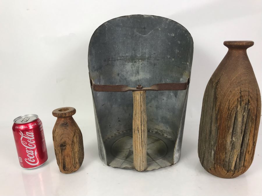 Vintage Galvanized Metal Scoop With Wooden Handle 9.5W X 14H And Pair Of Rustic Wooden Vases 6H And 12H