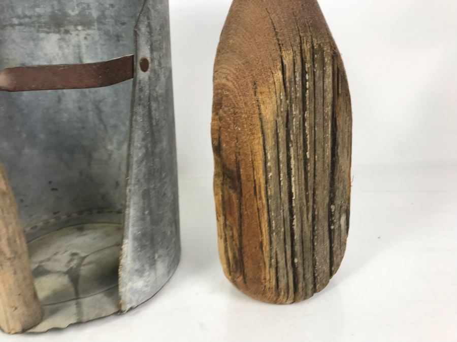 Vintage Galvanized Metal Scoop With Wooden Handle 9.5W X 14H And Pair Of Rustic Wooden Vases 6H And 12H [Photo 8]