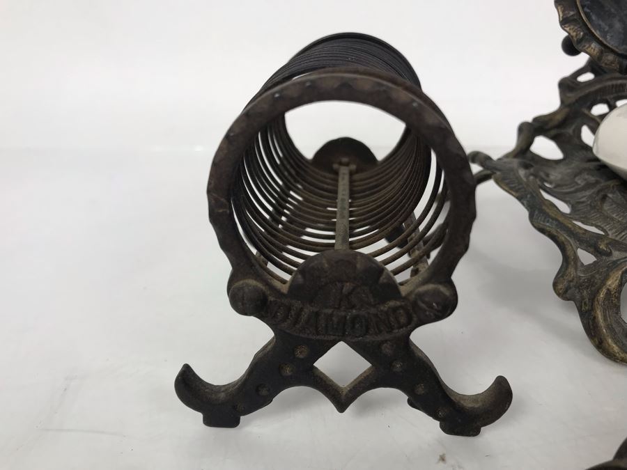 Pair Of Vintage Metal Inkwell Desk Sets, Vintage K Diamond Cast Iron Letter Holder And Old Paper Punch [Photo 14]