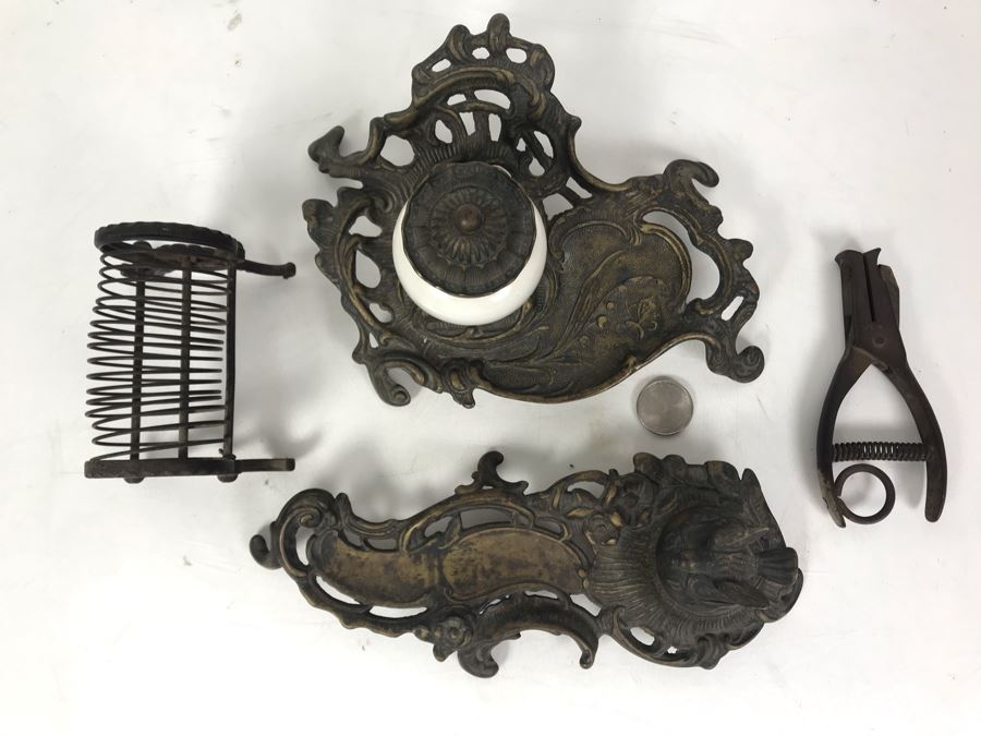 Pair Of Vintage Metal Inkwell Desk Sets, Vintage K Diamond Cast Iron Letter Holder And Old Paper Punch [Photo 3]