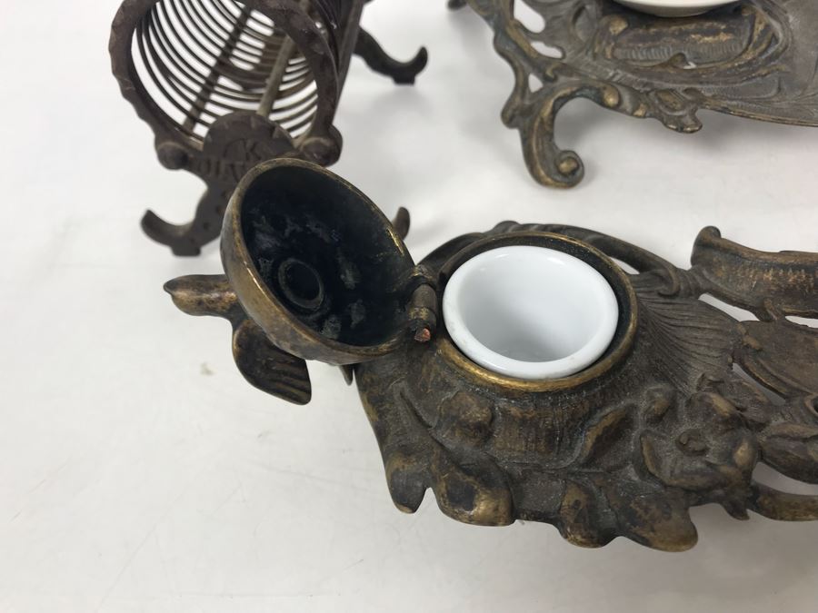 Pair Of Vintage Metal Inkwell Desk Sets, Vintage K Diamond Cast Iron Letter Holder And Old Paper Punch [Photo 10]