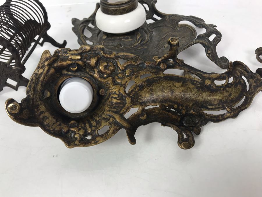 Pair Of Vintage Metal Inkwell Desk Sets, Vintage K Diamond Cast Iron Letter Holder And Old Paper Punch [Photo 17]