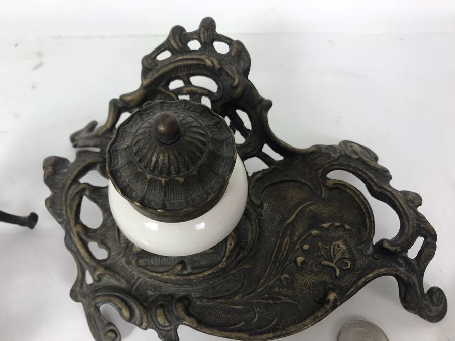 Pair Of Vintage Metal Inkwell Desk Sets, Vintage K Diamond Cast Iron Letter Holder And Old Paper Punch [Photo 12]