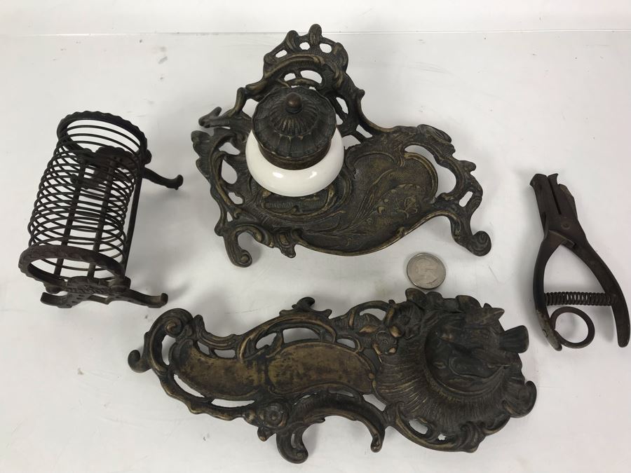 Pair Of Vintage Metal Inkwell Desk Sets, Vintage K Diamond Cast Iron Letter Holder And Old Paper Punch [Photo 4]