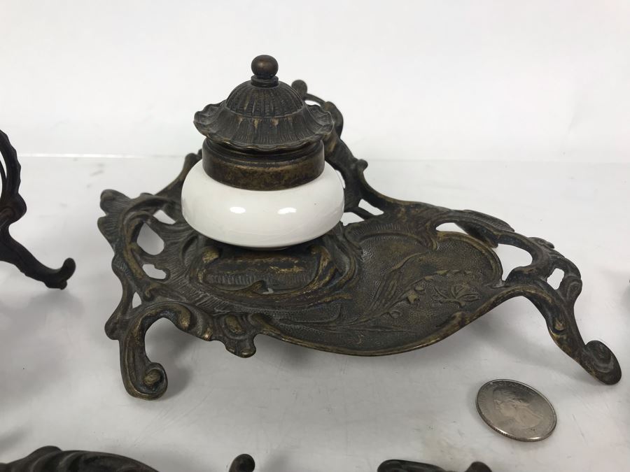 Pair Of Vintage Metal Inkwell Desk Sets, Vintage K Diamond Cast Iron Letter Holder And Old Paper Punch [Photo 11]