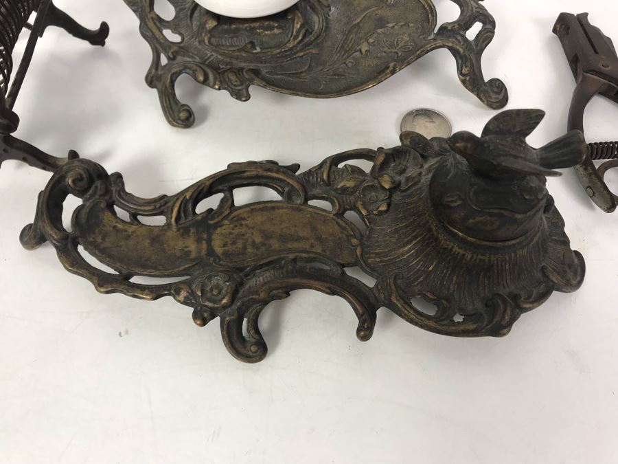 Pair Of Vintage Metal Inkwell Desk Sets, Vintage K Diamond Cast Iron Letter Holder And Old Paper Punch [Photo 5]