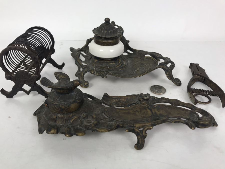 Pair Of Vintage Metal Inkwell Desk Sets, Vintage K Diamond Cast Iron Letter Holder And Old Paper Punch [Photo 7]