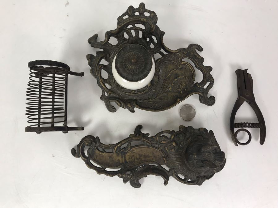 Pair Of Vintage Metal Inkwell Desk Sets, Vintage K Diamond Cast Iron Letter Holder And Old Paper Punch [Photo 2]