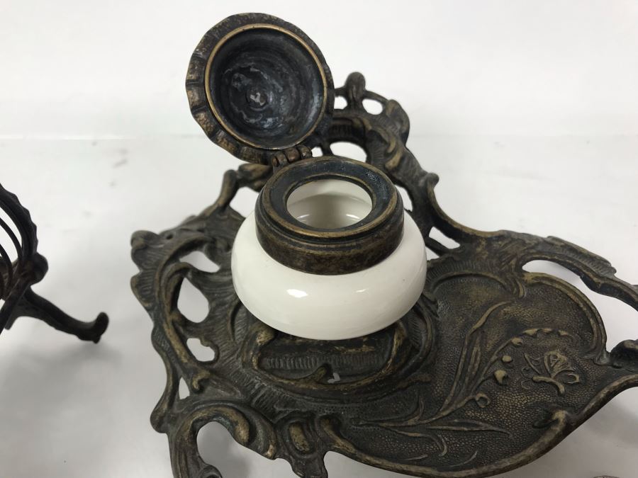 Pair Of Vintage Metal Inkwell Desk Sets, Vintage K Diamond Cast Iron Letter Holder And Old Paper Punch [Photo 13]