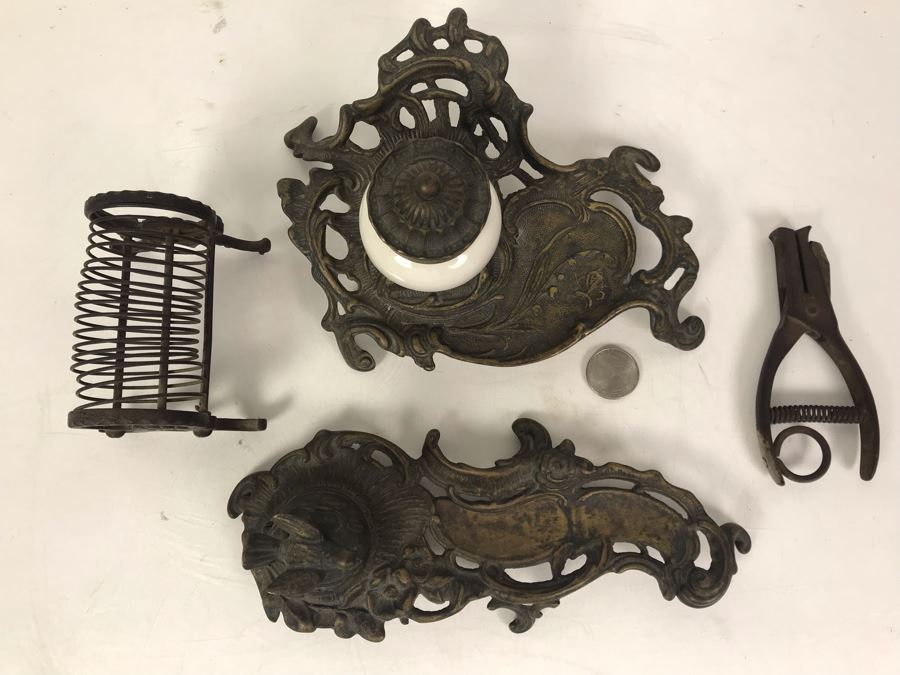 Pair Of Vintage Metal Inkwell Desk Sets, Vintage K Diamond Cast Iron Letter Holder And Old Paper Punch [Photo 6]