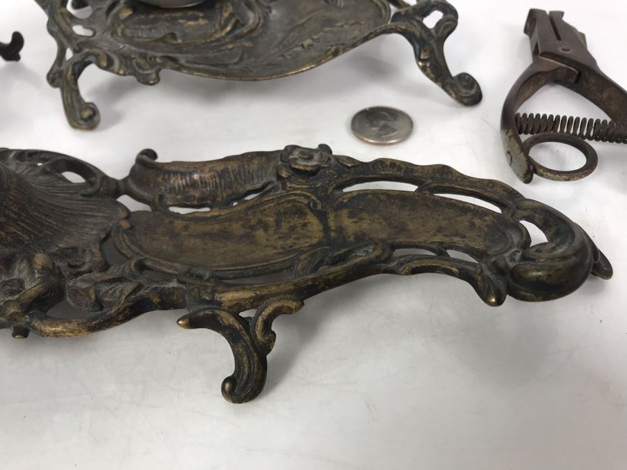 Pair Of Vintage Metal Inkwell Desk Sets, Vintage K Diamond Cast Iron Letter Holder And Old Paper Punch [Photo 9]