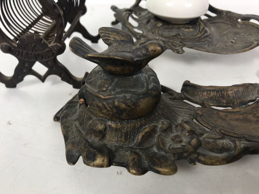 Pair Of Vintage Metal Inkwell Desk Sets, Vintage K Diamond Cast Iron Letter Holder And Old Paper Punch [Photo 8]