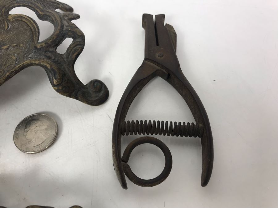 Pair Of Vintage Metal Inkwell Desk Sets, Vintage K Diamond Cast Iron Letter Holder And Old Paper Punch [Photo 16]