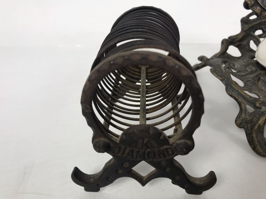 Pair Of Vintage Metal Inkwell Desk Sets, Vintage K Diamond Cast Iron Letter Holder And Old Paper Punch [Photo 15]