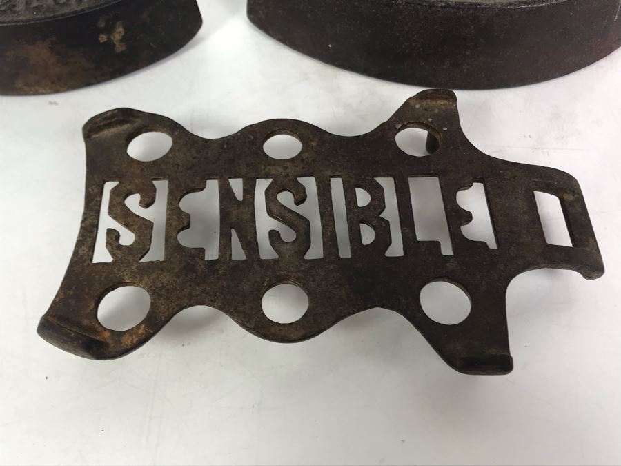 Pair Of Sensible Cast Iron Irons With Sensible Iron Trivet [Photo 3]