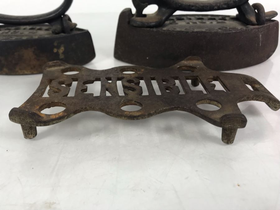 Pair Of Sensible Cast Iron Irons With Sensible Iron Trivet [Photo 4]