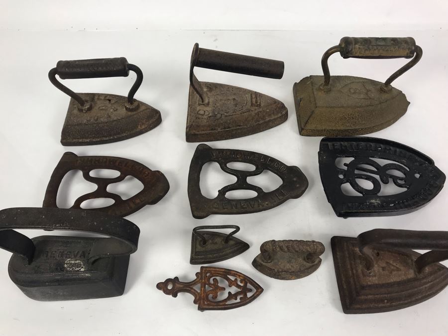 Collection Of (7) Antique Cast Iron Irons And (4) Antique Iron Trivets [Photo 3]