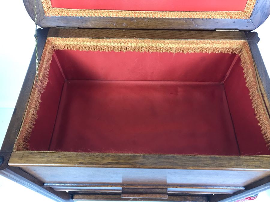 Stunning Vintage Oak Sewing Cabinet With Casters, Spool Drawer And Lower Shelf 21W X 14D X 22.5H [Photo 5]