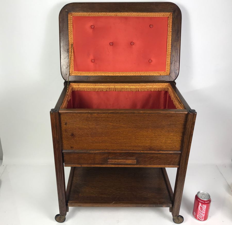 Stunning Vintage Oak Sewing Cabinet With Casters, Spool Drawer And Lower Shelf 21W X 14D X 22.5H [Photo 1]