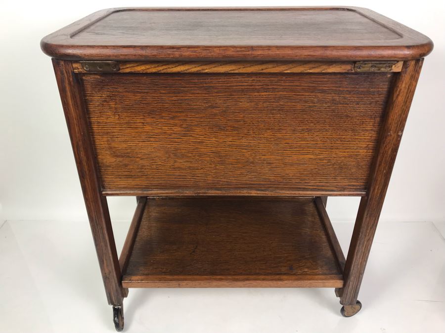 Stunning Vintage Oak Sewing Cabinet With Casters, Spool Drawer And Lower Shelf 21W X 14D X 22.5H [Photo 10]