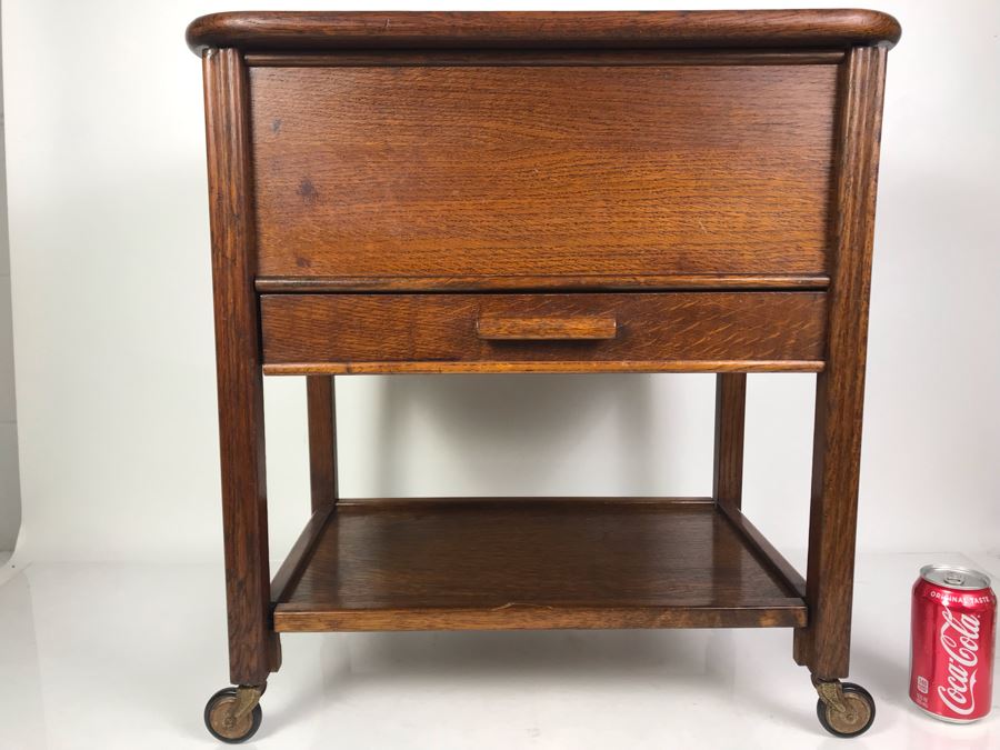 Stunning Vintage Oak Sewing Cabinet With Casters, Spool Drawer And Lower Shelf 21W X 14D X 22.5H [Photo 2]