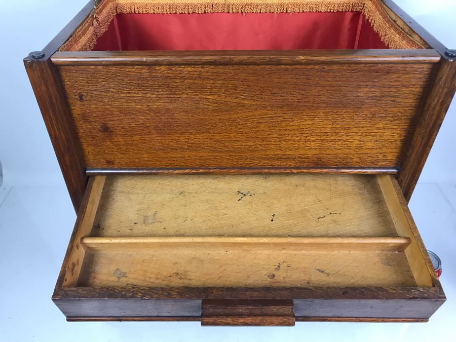 Stunning Vintage Oak Sewing Cabinet With Casters, Spool Drawer And Lower Shelf 21W X 14D X 22.5H [Photo 7]