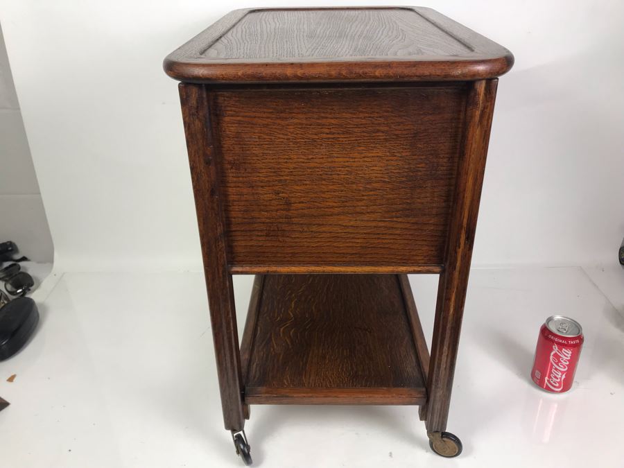 Stunning Vintage Oak Sewing Cabinet With Casters, Spool Drawer And Lower Shelf 21W X 14D X 22.5H [Photo 9]