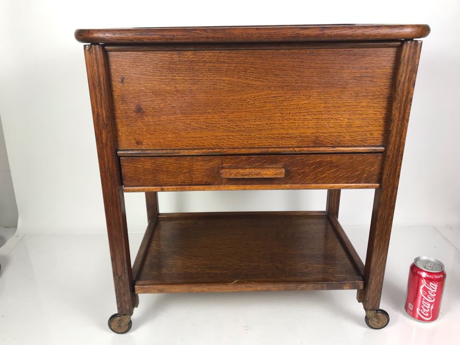 Stunning Vintage Oak Sewing Cabinet With Casters, Spool Drawer And Lower Shelf 21W X 14D X 22.5H [Photo 3]