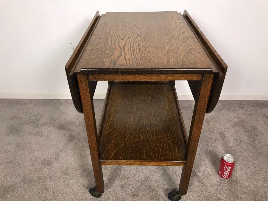 Stunning Vintage Tiger Oak Drop Leaf Tea Cart 25D X 17.5W (W/O Leaves - 33W With Leaves) X 28H [Photo 5]
