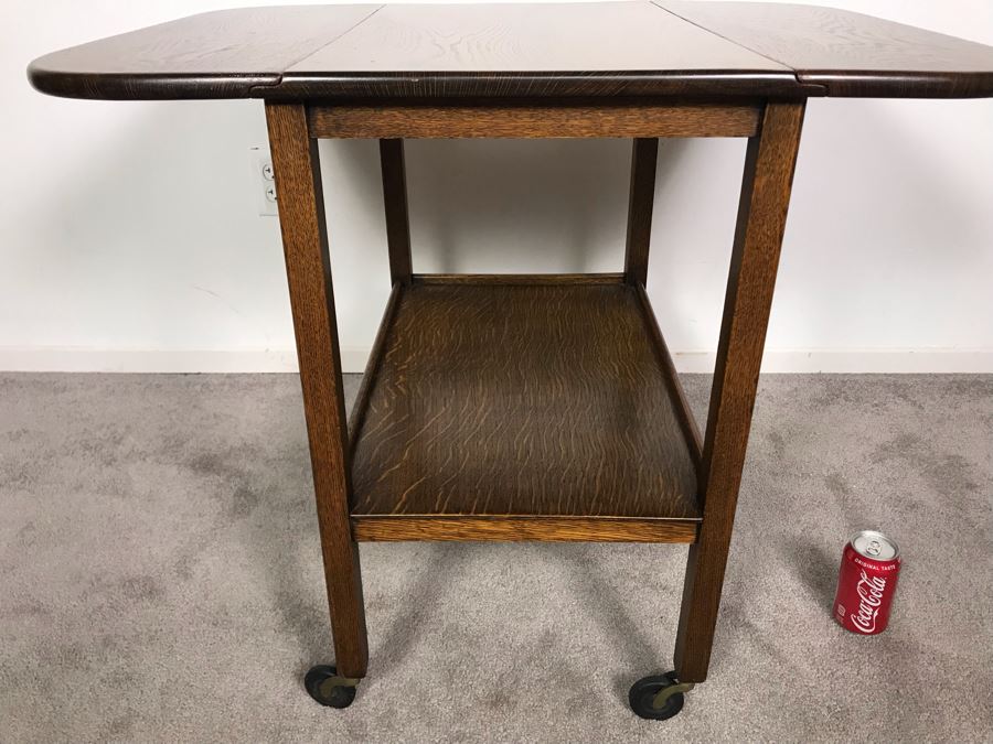 Stunning Vintage Tiger Oak Drop Leaf Tea Cart 25D X 17.5W (W/O Leaves - 33W With Leaves) X 28H [Photo 9]