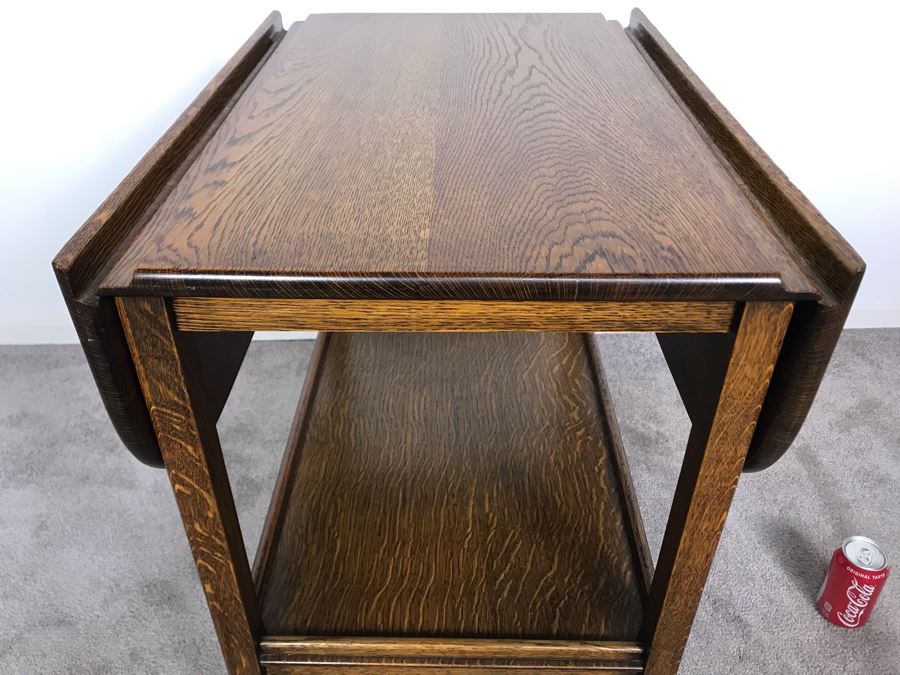 Stunning Vintage Tiger Oak Drop Leaf Tea Cart 25D X 17.5W (W/O Leaves - 33W With Leaves) X 28H [Photo 23]