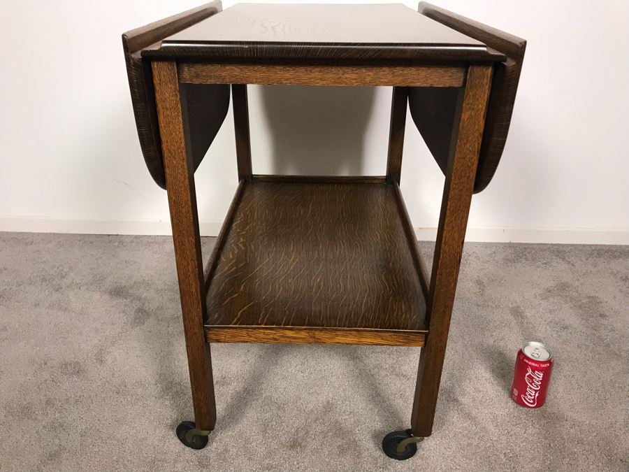 Stunning Vintage Tiger Oak Drop Leaf Tea Cart 25D X 17.5W (W/O Leaves - 33W With Leaves) X 28H [Photo 6]