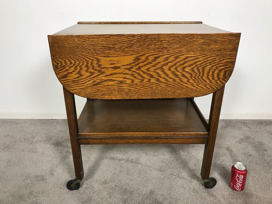 Stunning Vintage Tiger Oak Drop Leaf Tea Cart 25D X 17.5W (W/O Leaves - 33W With Leaves) X 28H [Photo 1]